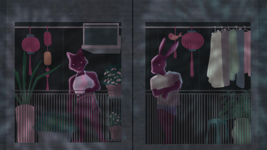 A digital drawing of a cat and rabbit who are watching fireworks from their respective balconies.