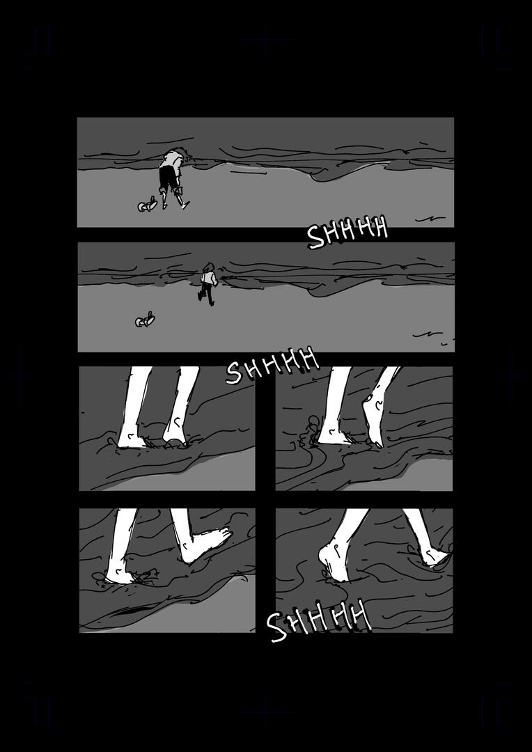 A digital comic page. A person rolls up their pants at the beach and begin to wade into the water.